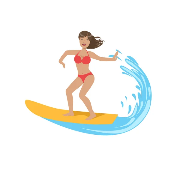 Woman In Red Bikini Riding A Wave On Surf — Διανυσματικό Αρχείο