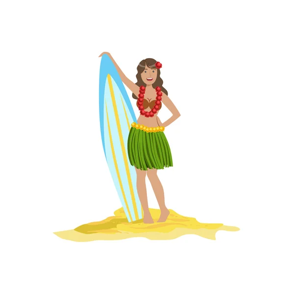 Woman In Classic Hawaiian Outfit Holding Surf Board — Διανυσματικό Αρχείο