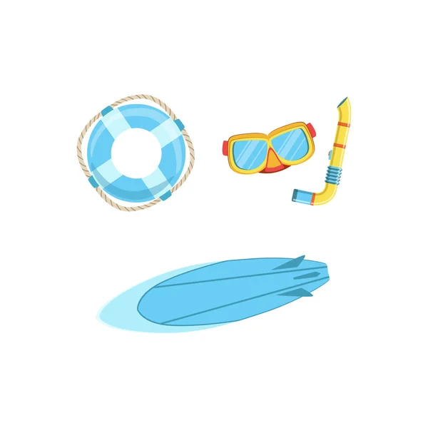 Conjunto de desportos aquáticos Euipment com máscara, snorkel, prancha de surf e bóia — Vetor de Stock