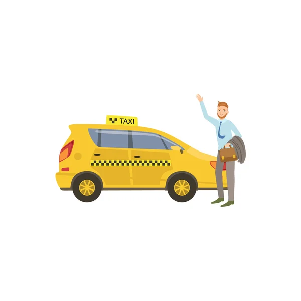 Человек, ловящий желтый автомобиль такси — стоковый вектор