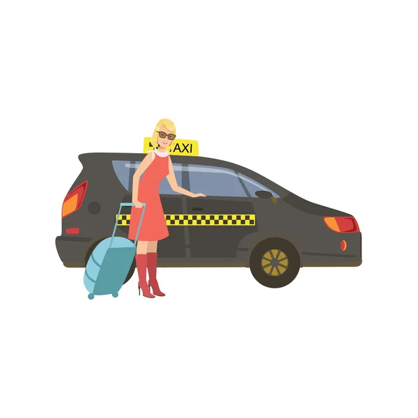 Mulher com mala entrando carro de táxi preto — Vetor de Stock