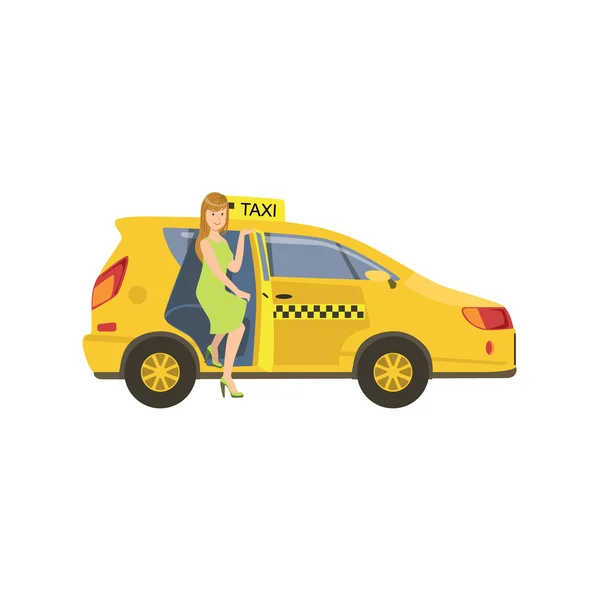 Woman Entering A Yellow Taxi Car — Stockový vektor