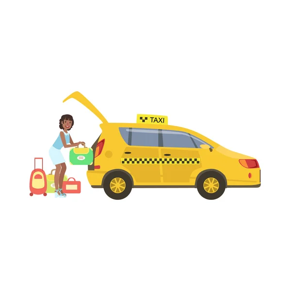 Woman Putting Her Luggage In The Trunk Of Yellow Taxi Car — Stockový vektor