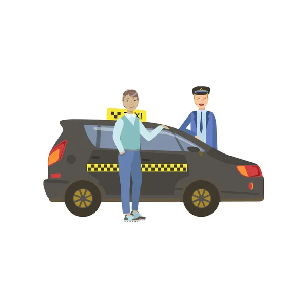 Uomo passeggero e conducente in piedi accanto a nero taxi auto — Vettoriale Stock