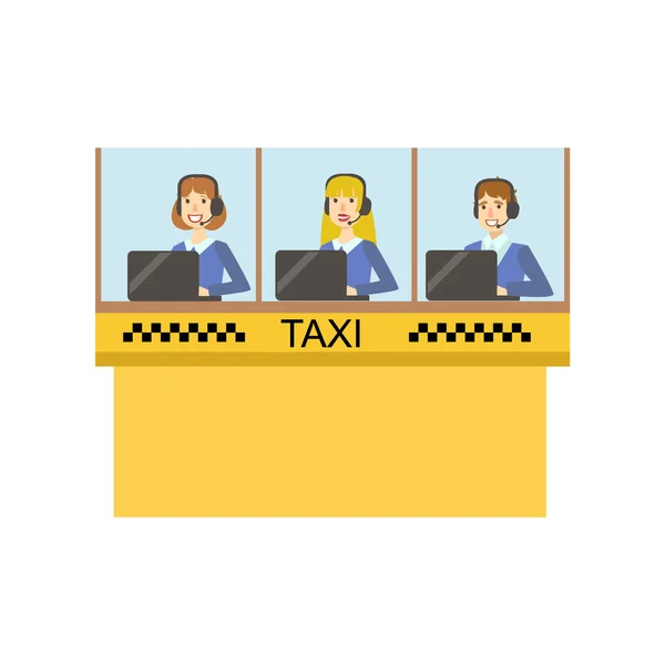 Yellow Glass Cabin For Taxi Service Call Center With Three Operators Working — Stok Vektör