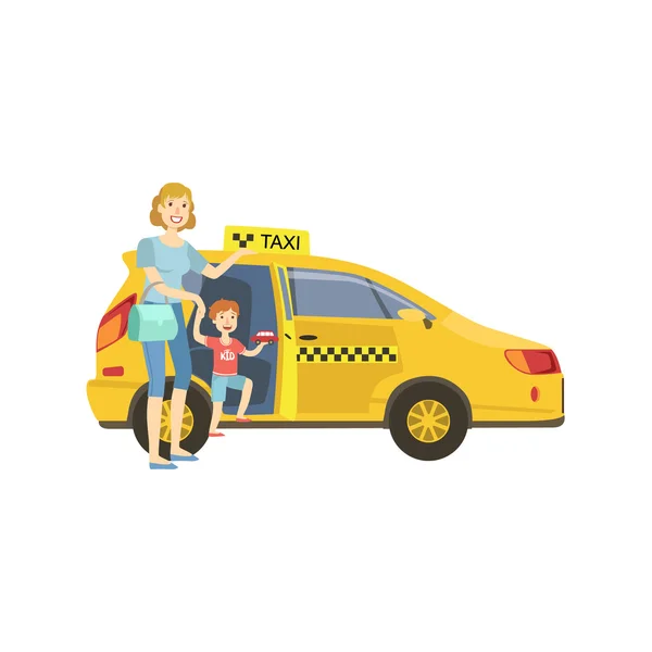 Matka s dcerou vstoupit do žlutého taxi auta — Stockový vektor