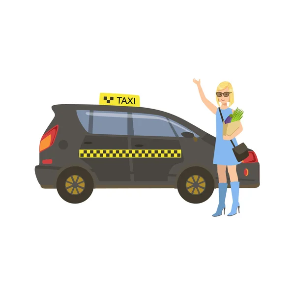 Woman With Groceries Catching Black Taxi Car — Stockový vektor