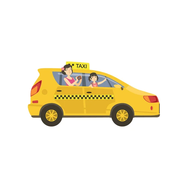 Návštěvníci v oknech žlutého taxi auto a dcera — Stockový vektor