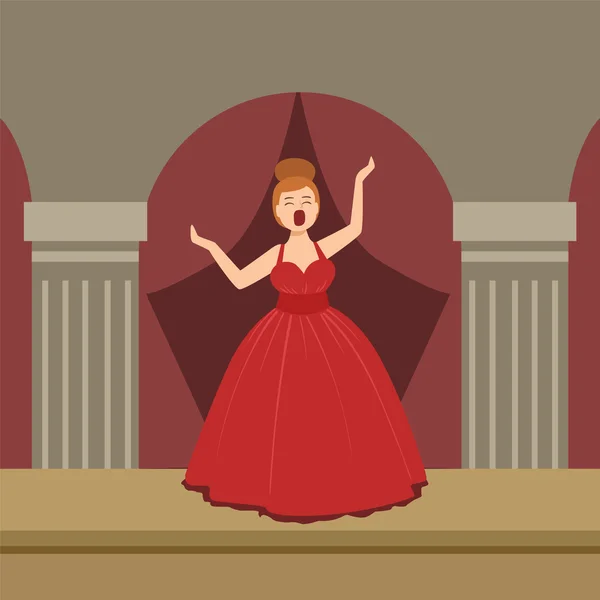 Operaénekes a vörös ruhán fellépő színpadon — Stock Vector