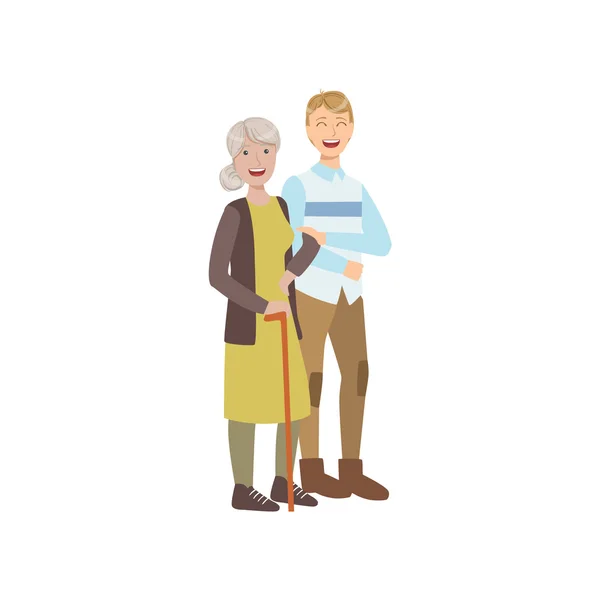 Volunteer Walking The Old Lady With Stick — Stock Vector