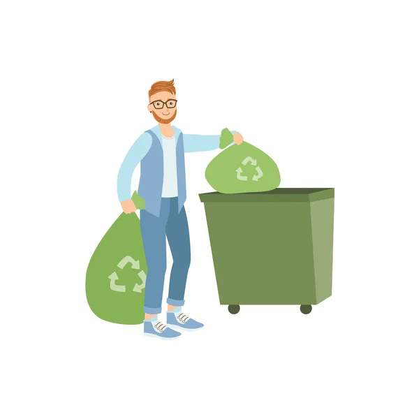 Volunteer Throwing Away Trash For Recycling — Stock Vector