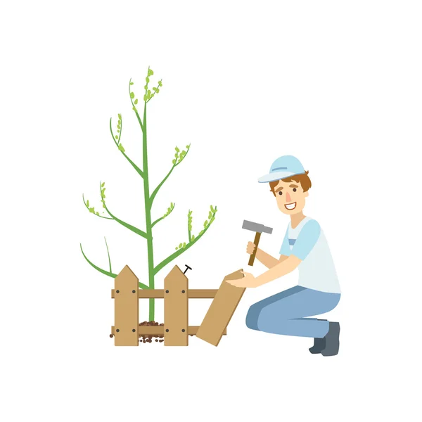 Volunteer Building A Fence Around Newly Planted Tree — Stock Vector