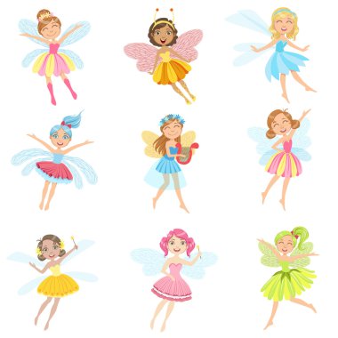 Cute Fairies In Pretty Dresses Girly Cartoon Characters Set clipart