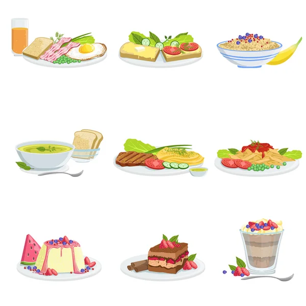 Assortiment de plats de cuisine européenne Menus Illustrations détaillées — Image vectorielle