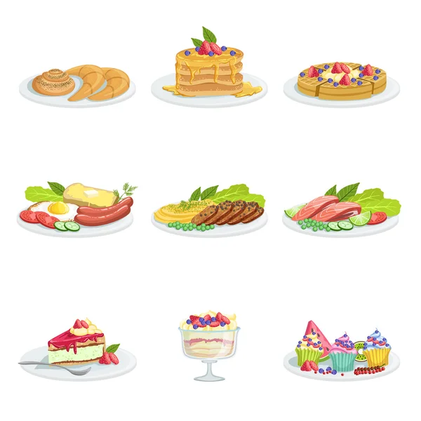 Europese keuken Food assortiment Menu Items gedetailleerde illustraties — Stockvector