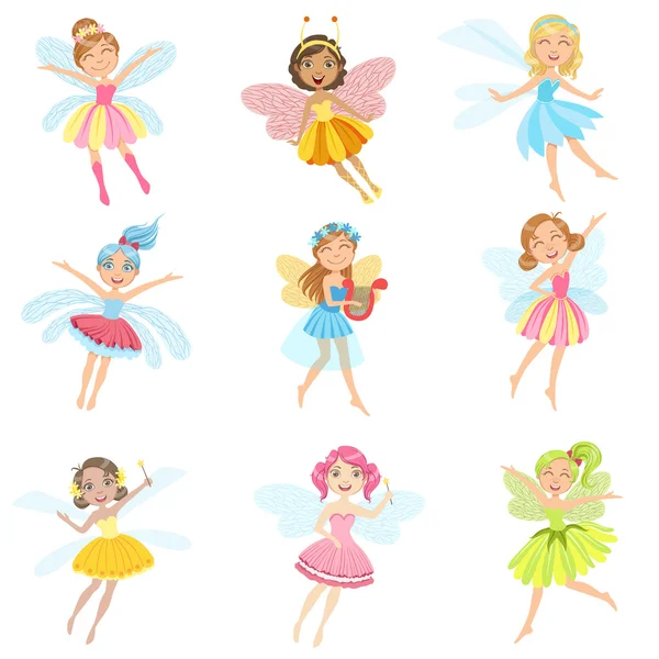 Cute Fairies In Pretty Dresses Girly Cartoon Characters Set — Stock Vector