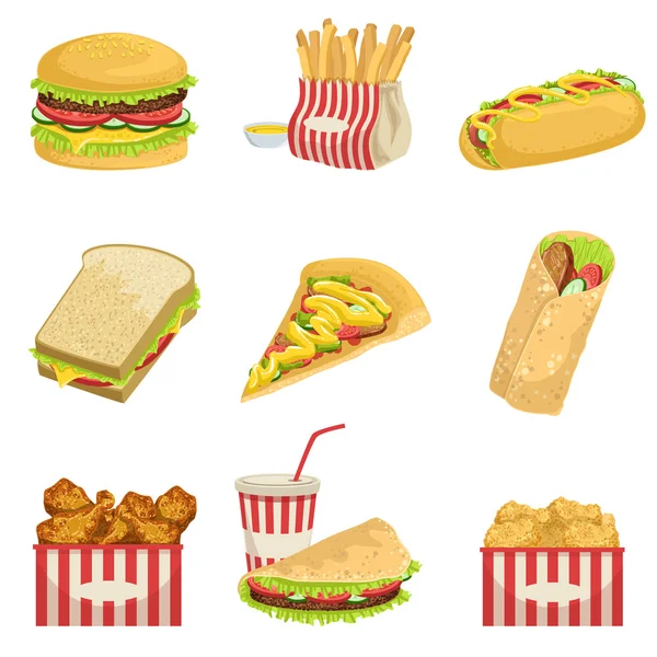 Fast Food Menüpunkte realistische Detailillustrationen — Stockvektor