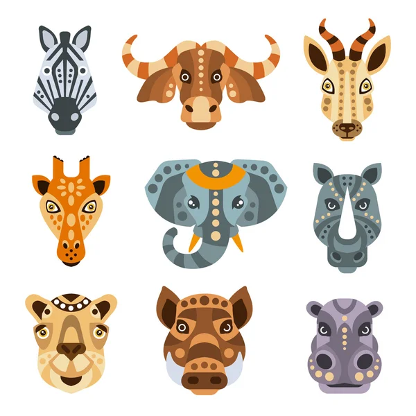 Afrikanische Tiere stilisiertes geometrisches Porträtset — Stockvektor
