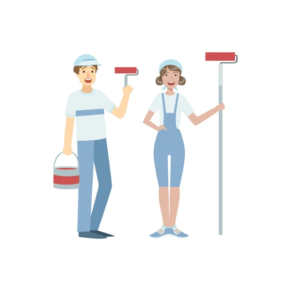 Two Volunteers With Painting Rolls — Stock Vector