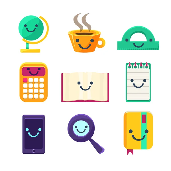 Office Desk Supplies Collection Of Objects With Smily Faces — Stock Vector