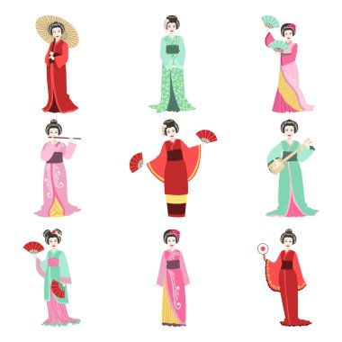 İçinde farklı Kimono Japon geyşa ayarla