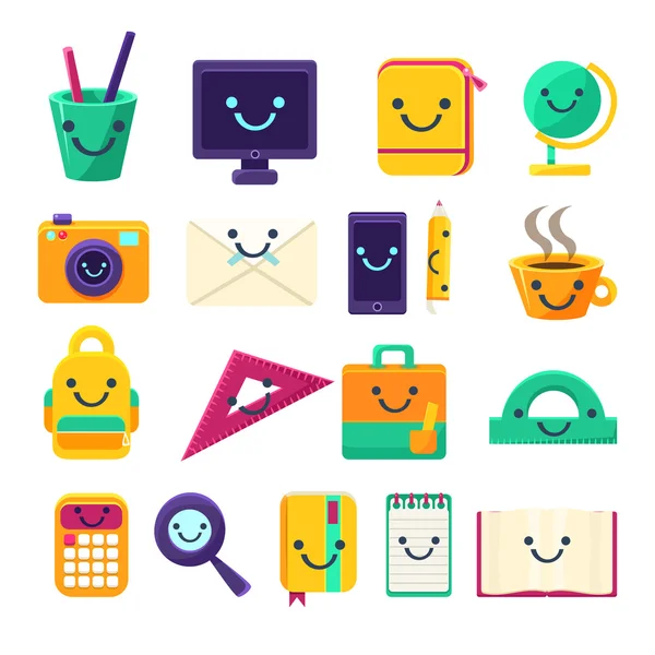 Office Desk Supplies Collection Of Objects With Smily Faces — Stock Vector