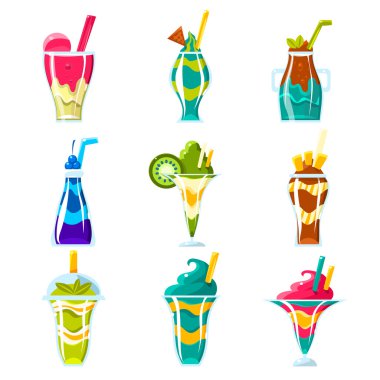Smoothies ve parlak çok katmanlı kokteyller koleksiyonu