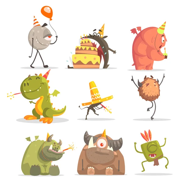 Monsters op verjaardagsfeestje In grappige situaties. — Stockvector