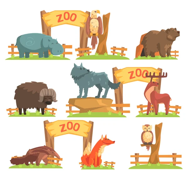 Wild Animals Behind The Fence In Zoo Set — ストックベクタ