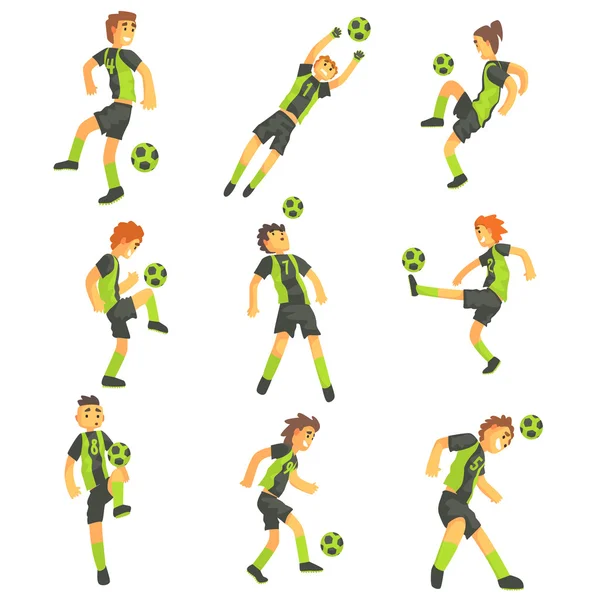 Football Players Of One Team With Ball Isolated Illustration Set — Stock Vector