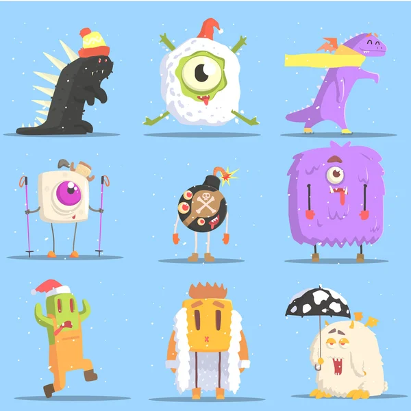 Winter Dressed Monsters in Funny Situations — Stock Vector