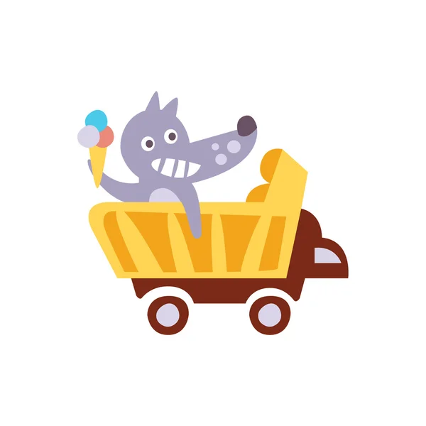 Wolf Riding A Wagon Holding Ice-cream Stylized Fantastic Illustration — Stock Vector