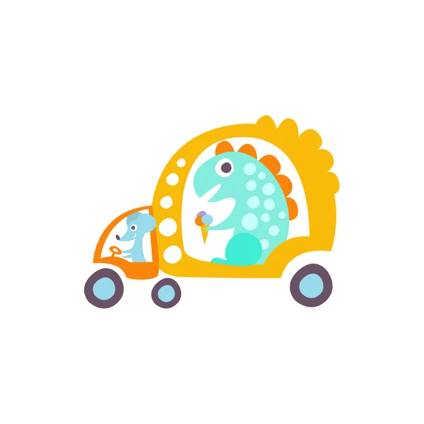 Mause Drives Dinosaur In Rat-Tat Taxi Stylized Fantastic Illustration — стоковый вектор