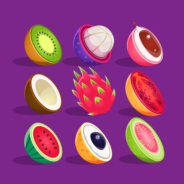 Tropické ovoce, krájené polovinu sady jasných ikon — Stockový vektor