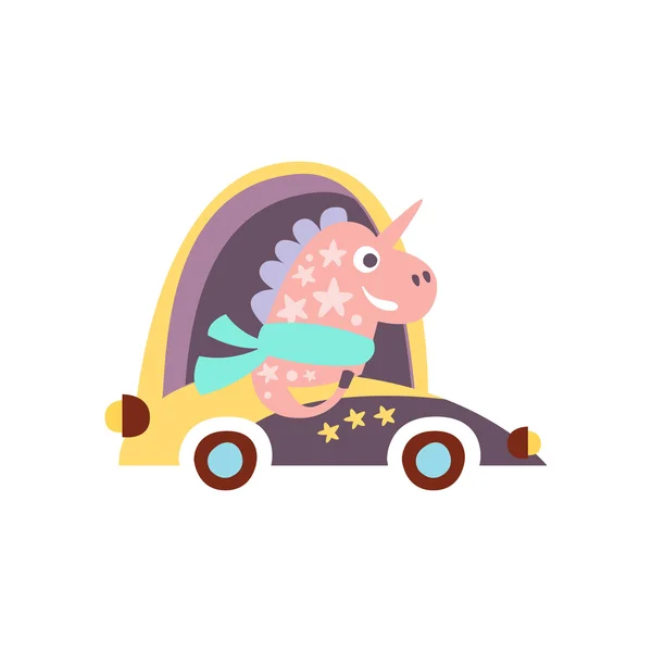 Unicorn In Racing Car Stylized Fantastic Illustration — Stock Vector