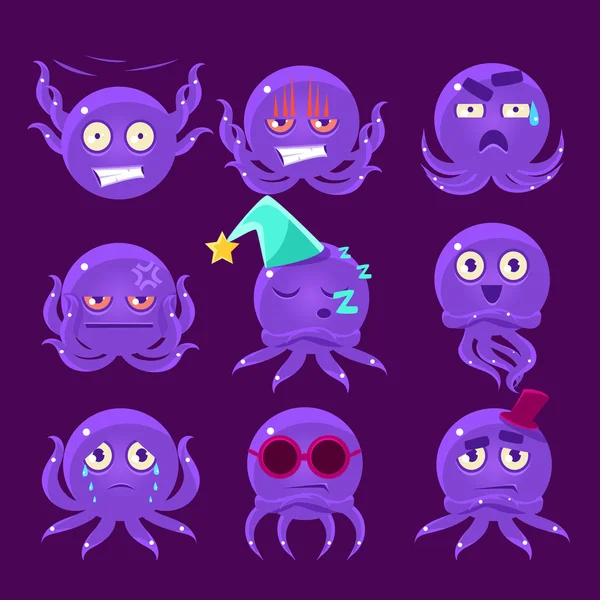 Sada Funny chobotnice Emoji znaků — Stockový vektor
