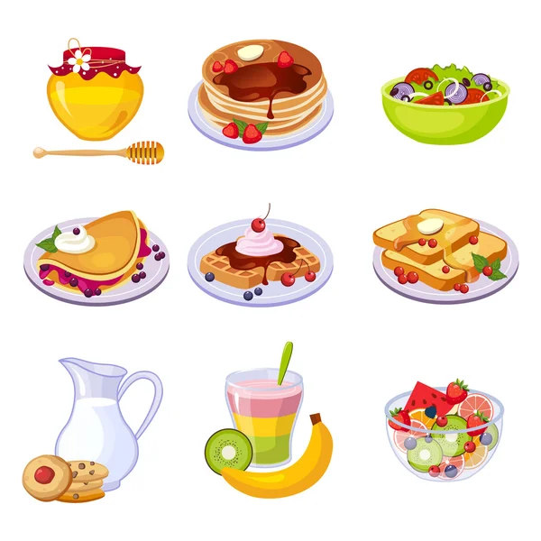 Διάφορα πιάτα πρωινού ποικιλία μεμονωμένων εικονιδίων — Διανυσματικό Αρχείο