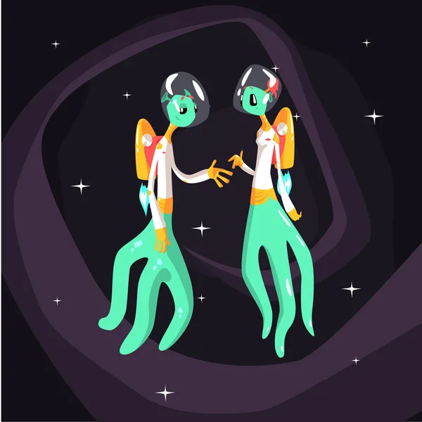 Dos Seres Extraterrestres Verdes en Trajes Espaciales — Vector de stock