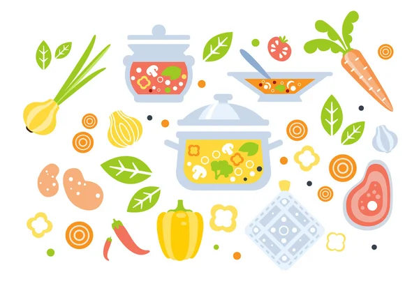 Préparation de soupe ensemble d'ingrédients Illustration — Image vectorielle