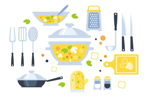 Conjunto de preparação de sopa de utensílios Ilustração — Vetor de Stock