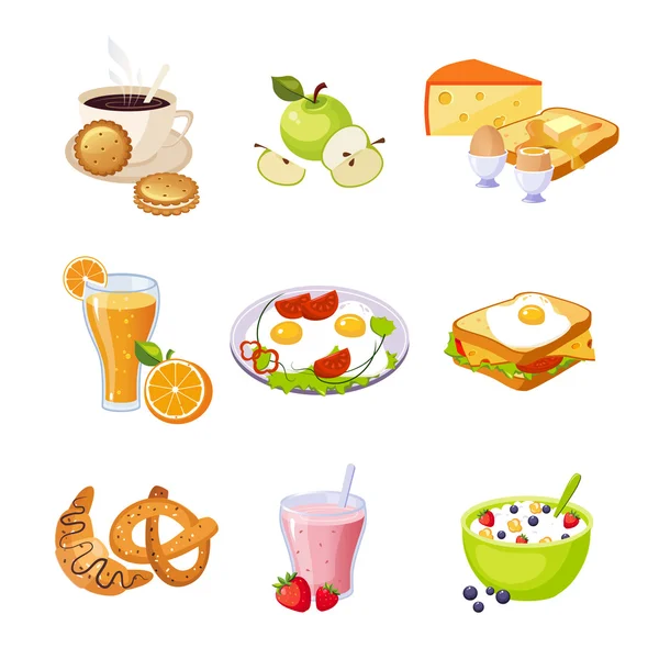 Śniadanie żywności asortyment zestaw ikon na białym tle — Wektor stockowy