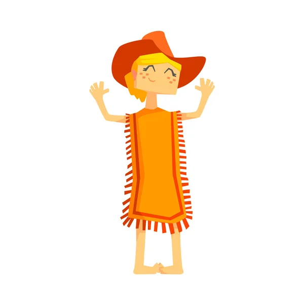 Weinig Barefoot meisje dragen van een poncho en cowboy hoed — Stockvector