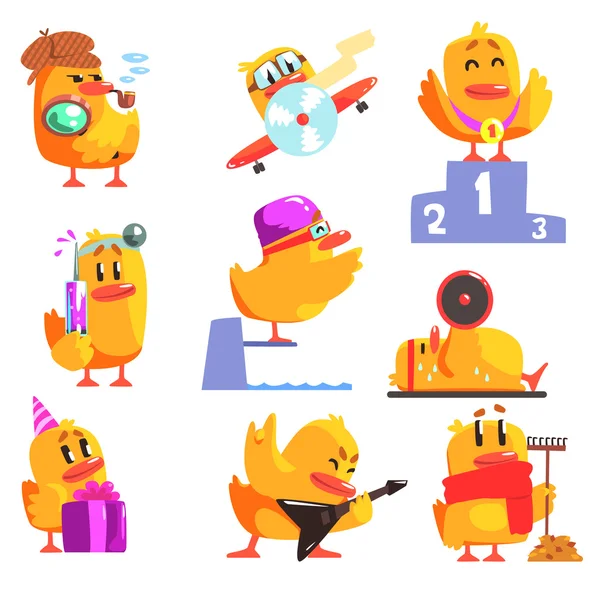 Patito diferentes actividades conjunto de etiquetas engomadas carácter fresco — Vector de stock