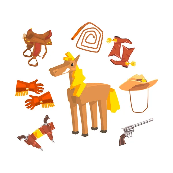 Horse Surrounded With Cowboy Disguise Related Objects Drawing On White Background — Stock Vector