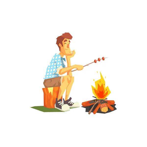 Guy Frying Meat On Camp Bonfire — Stock Vector