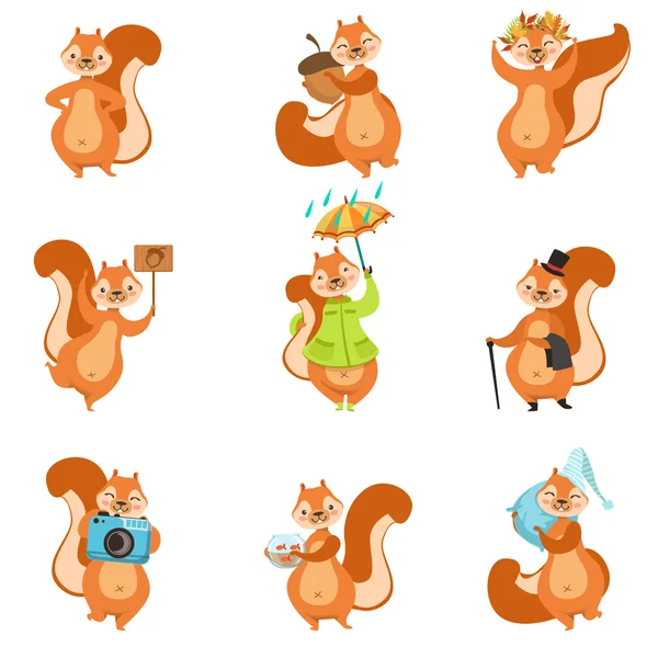 Eichhörnchen verschiedene Aktivitäten Set von Girly Charakter Aufkleber — Stockvektor