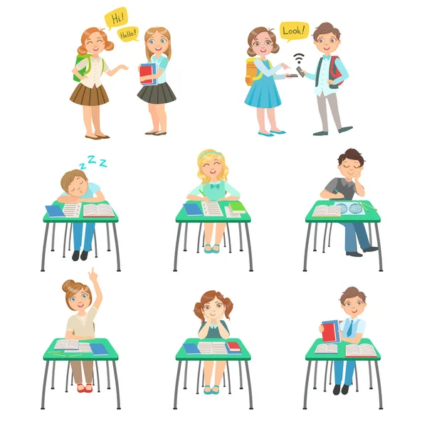 Children At School Sitting In Class And Chatting With Friends — Stock Vector