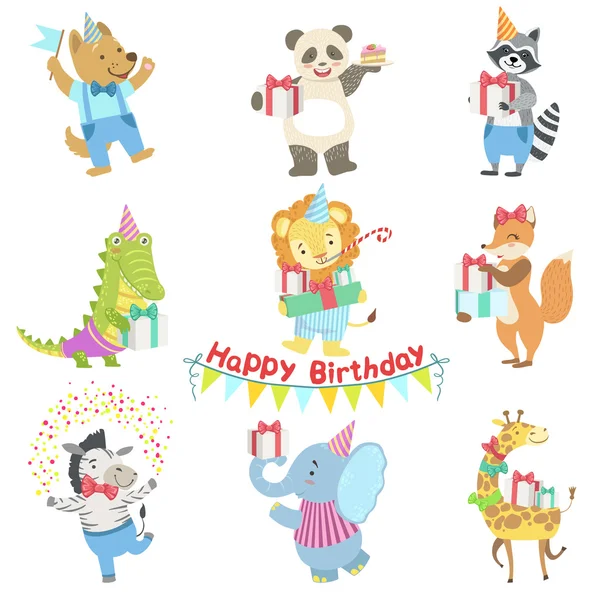Personajes de animales humanizados que asisten a la fiesta de cumpleaños Set de celebración — Archivo Imágenes Vectoriales