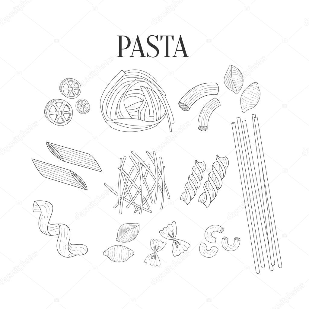 Italian Pasta Assortment Isolated Hand Drawn Realistic Sketches