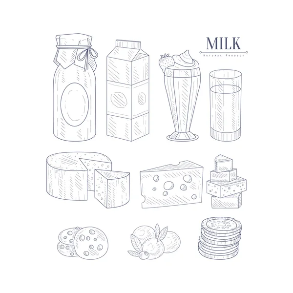 Mleko i produkty mleczne na białym tle ikony ręcznie rysowane realistyczne szkicu — Wektor stockowy